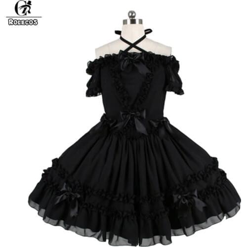 ROLECOS 2018 New Black Gothic Lolita Dress For Women A Word Shoulder Black Tube Dress With Bowknot Vintage Slim Hang Neck Dress