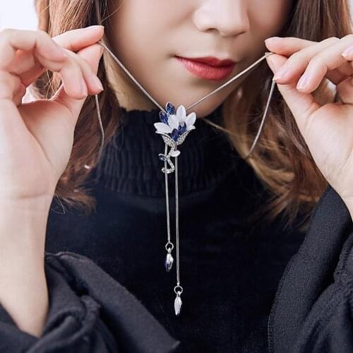 Women Dress Necklace Sweater Chain Jewelry Rhinestone Tassel Flower Pendant