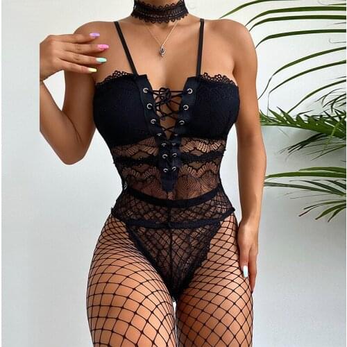 Women Sexy Lingerie Sleeveless Deep V-Neck Split See-through Sheer Lace Bodysuit Erotic Sex Costume Night Wear 2021