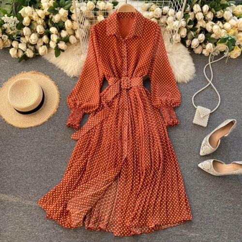 Spring And Summer French Vintage Maxi Dress 2021 Sundress Ladies Long Sleeve Orange Polka Dot Chiffon Pleated Dresses