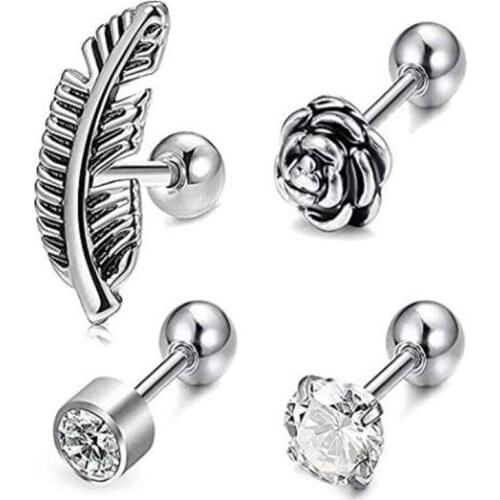 JFORYOU 4-5 Pcs Stainless Steel Cartilage Earrings Tragus Helix Earrings Small Barbell Cartilage Stud for Women Girls Heart Rose