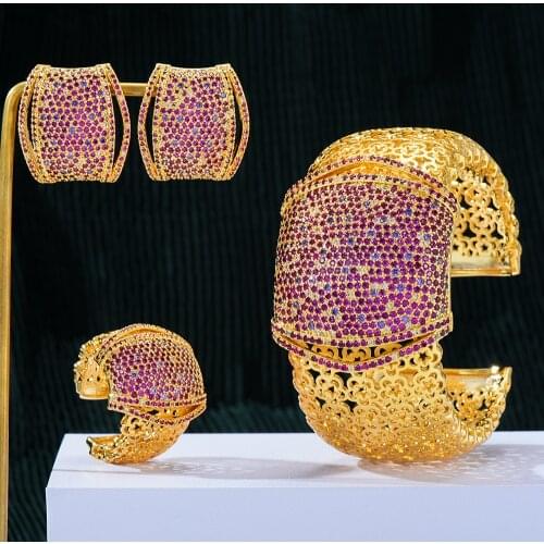 Brand Luxury Hollow Lace 5PCS Bracelet Ring Earring Set For Women Wedding Bridal Zircon African/Indian/Dubai Bridal Jewelry Set