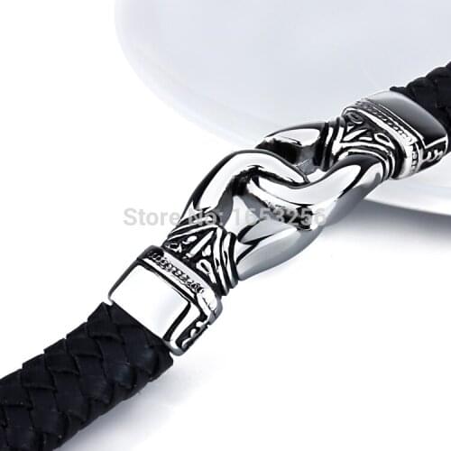 8.46'' Black Genuine Leather 316L Stainless Steel Women Mens Bracelet Fashion Bling Jewelry