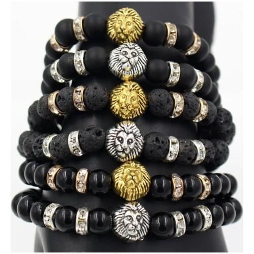 8mm vdd434 micro pave cz zircon cubic zirconia elastic adjusted Charm Punk Charm nature lion head Lava Volcanic Stone Bracelet