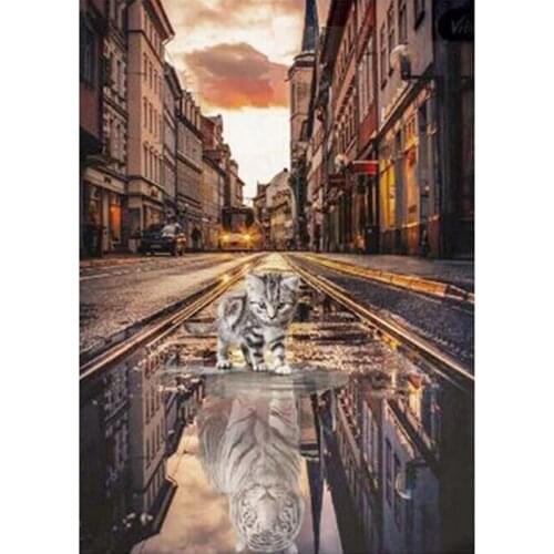 5d Diamond Painting Street View Cat Tiger Reflection Rhinestone Mosaic Needlework Diamond Embroidery Home Wall Decor Decoration