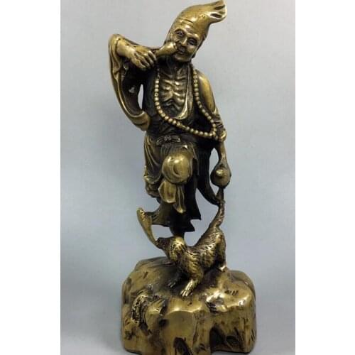 8.4”Tibet Tibetan Buddhism antique Qianlong brass Ji Gong Dog statue