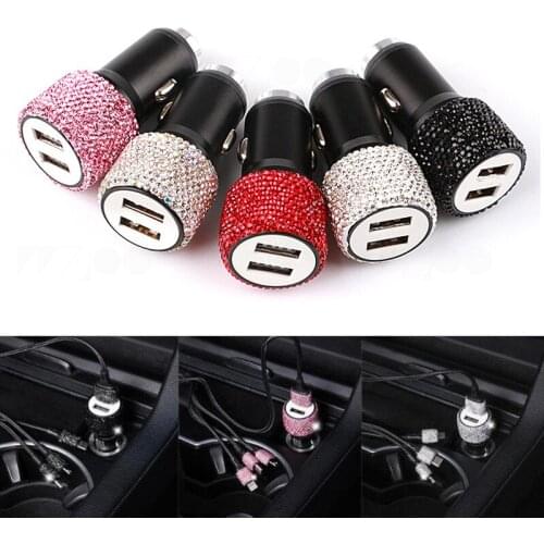 2XDual USB Car Charger For Mobile Phone Tablet GPS Fast Charger Crystal Diamond Phone 3 Data Line Wire in Car Cigarette Lighter