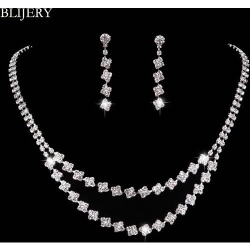 BLIJERY Charm Crystal Bridal Jewelry Sets Silver Color Rhinestone Squares Choker Necklace Earrings Wedding Jewelry Set for Women