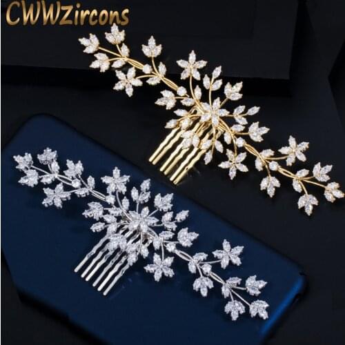 CWWZircons Chic Yellow Gold Cubic Zircon Big Leaf Women Wedding Party Hair Comb Pins Accessories Bridal Headpiece Jewelry A021