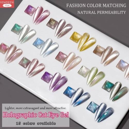 Vendeeni Holographic Glitter Cat Eye Gel Nail Polish Magnet Hybrid Laser Cat Eye Nail Art Gel Varnish UV Soak Off Gel Lacquer