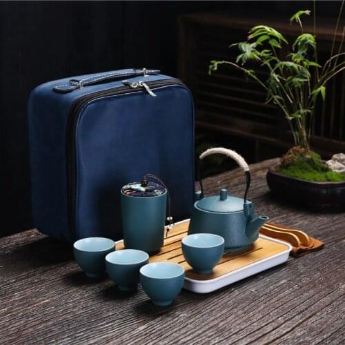 Pottery Mention Pot Tea Set Travel Portable Ceramic Kung Fu Tea Set Japanese Style Teapot, Teacup and Tea Tray Set Sculpture
