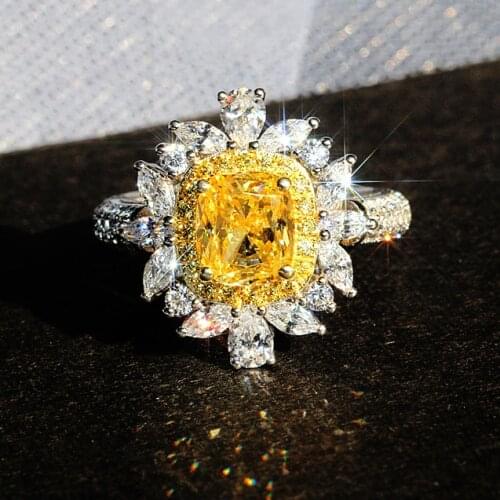 Luxury Female Big Yellow Zircon Ring 100% Real 925 Sterling Silver Engagement Ring Vintage Bride Square Wedding Rings For Women