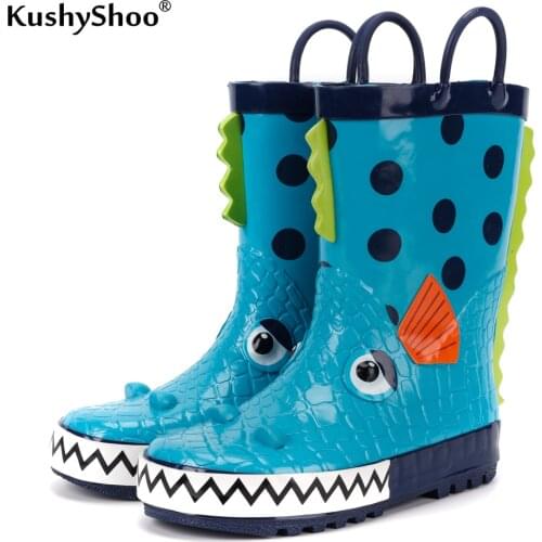 KushyShoo Childrens Rubber Boots Waterproof Rain Boots Kids 3D Cartoon Piranha Toddler Boys Rainboots Toddler Boots