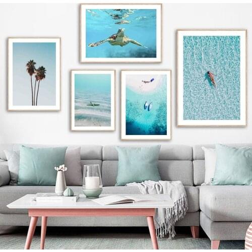 Sea Turtle Starfish Coconut Tree Sky Girl Wall Art Canvas Painting Nordic Posters And Prints Wall Pictures For Livig Room Decor