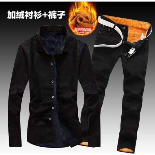 Autumn Winter Mens Plush Liner Shirt Long Pencil Pants Warm Trousers Thick 2pcs Set Single Breasted Male Shirts Jeans K37