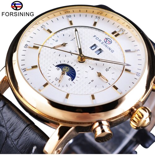 Forsining White Golden Moon Phase Design Calendar Display Fashion Luxury Genuine Leather Men Automatic Watches Top Brand Luxury