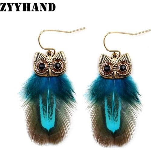 New arrival cute owl feather 4 Colors Bronze bohemia style jewelry lady engagement party drop earrings