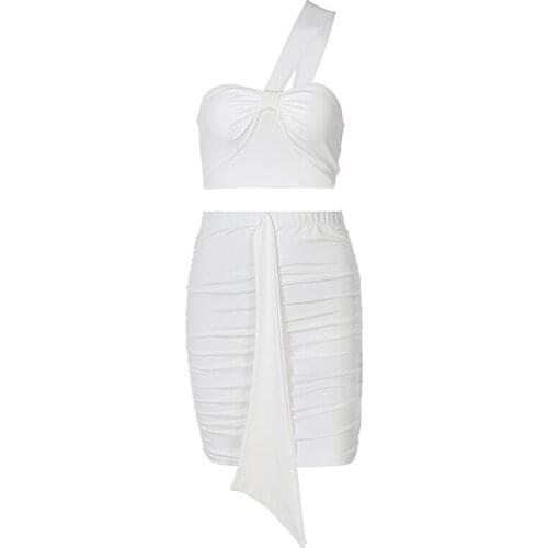 Quanss New Arrival 2021 Summer White One Shoulder Crop Top And Skirts Two Piece Set Women Sexy Bodycon Skirt Suit Club Outfits
