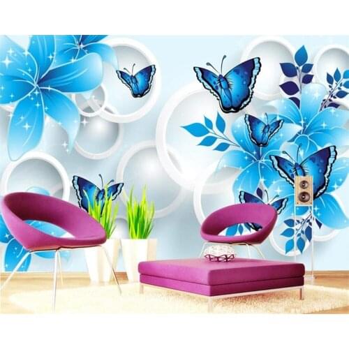 Beibehang Custom wallpaper blue lily butterfly 3D TV background wall home decoration living room bedroom murals 3d wallpaper
