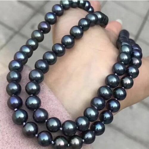 Stunninground 9-10mm tahitian black green pearl necklace 38inch 925s
