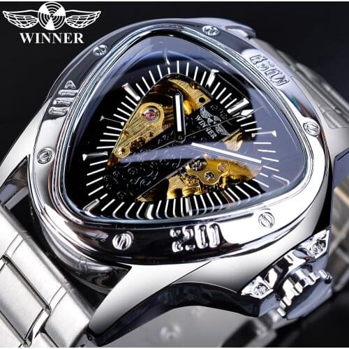 Winner Pilot Sport Mechanical Watch For Men Top Brand Luxury Man Automatic Watches Silver Stainless Steel Triangle Wrist Watch