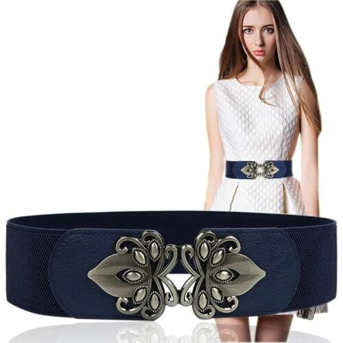 Fashion Vintage Buckle Wide Waist Belt Dark Blue Elastic Waistband Women Cummerbund Black Bandage Lady Dress Coat Skirt Decorate