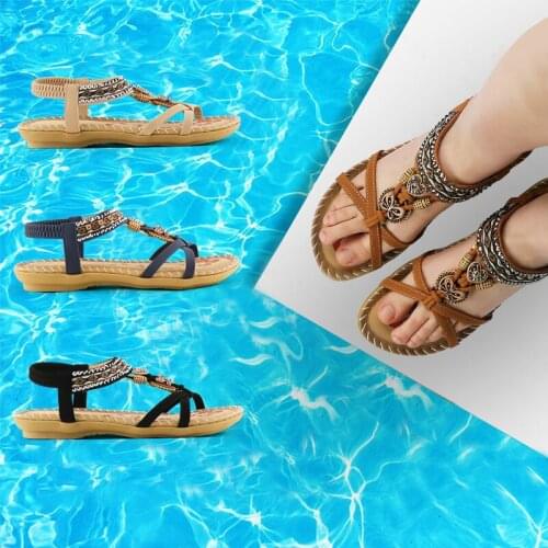 Womens sandals 2021 Flowers Printed Sandals Ladies String Bead Crystal shoes Wedge Beach Sandals women Summer Chaussure femme