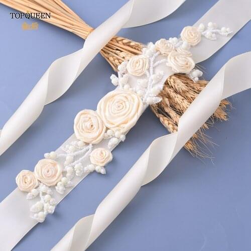 TOPQUEEN S323 White Belt for Wedding Dress Maternity Floral Belt Ivory Womens Belt Rustic Bride Belt Rose Flowers Pearl Sash