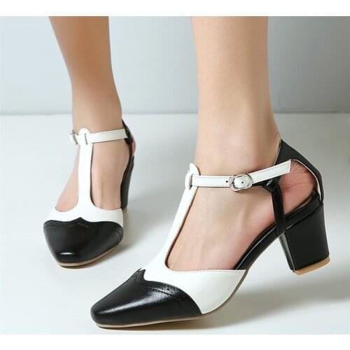 T Strap Pumps Block Heel Pumps Women Shoes High Heels Vintage Retro Shoes Ladies Elegant Dress Pumps Black and White Size42 43
