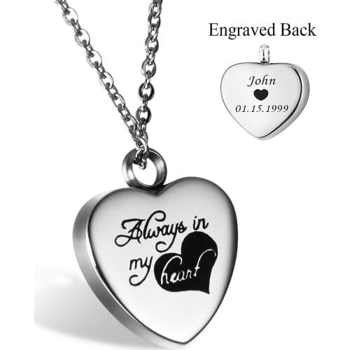 Always in My Heart Urn Locket Jewelry Memorial Cremation Necklace Stainless Steel Can be engraved