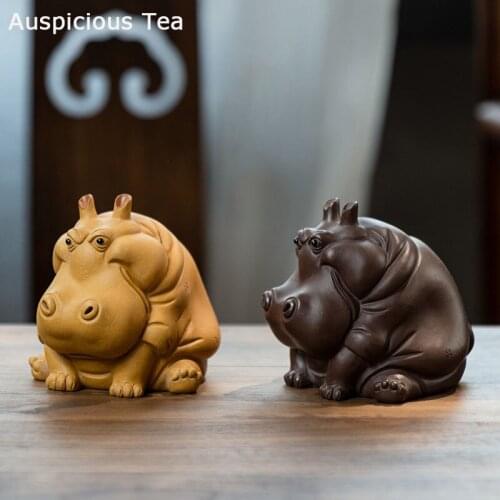 Yixing Purple Clay Tea Pet Chinese Lucky Hippo Statue Ornaments Handmade Sculpture Tea Figurine Crafts Home Tea Set Decors Art