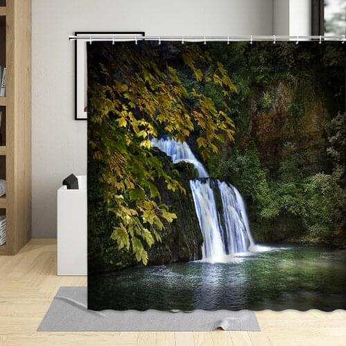 Waterfall Shower Curtain Forest Natural Scenery Plants Bathroom Decor Spring Fall Landscape Curtains With Hooks Washable Sets