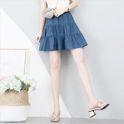 2020 Summer Women A-Linen Denim Mini Skirts Elegant Ruffles Casual Loose Skirts Plus Size M-7XL
