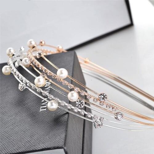 Women Sweet Girls Hair Hoop Shiny Hair Accessories Three Layers Crystal Hairband Thin Metal Rhinestones Pearl Hair Band