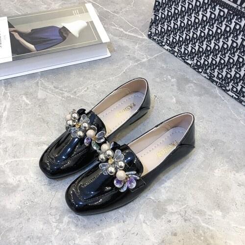 2021 Crystal Round Toe Ladies Pumps Cow Patent Leather Basic Women Shoes Spring Autumn Female Square Heels Size 35-39