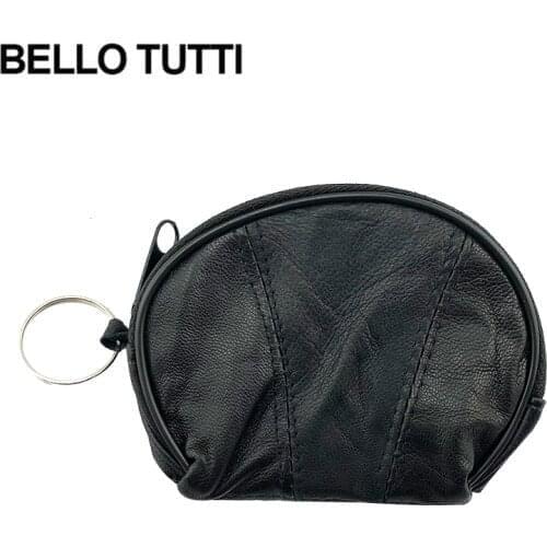 BELLO TUTTI Women Leather Coin Purse Black Girls Mini Wallet Solid Genuine Leather Zipper Small Purse Wallet Change Bag