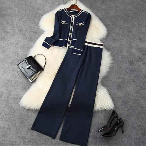 New 2021 autumn spring women knitted outfits two piece sets sweater cardigans + high waist wide leg pants matching set navy blue