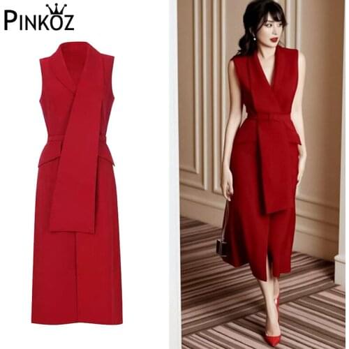 Pinkoz spring neww arrival Sleeveless V-neck Belt Front Slit Loose Ladies Office Blazer Dress Fashion 2020 платье женское