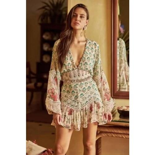 2021 Dresses for Women Sexy V-neck Hollow Out Flower Printed Mini Dress Lantern Sleeve Woman Dress Slim Bohemian Dress