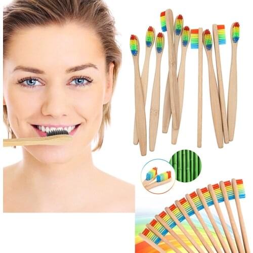 10pcs Rainbow Bamboo Toothbrush Banister Brush Natural Soft Hair Tooth Brush Eco-friendly Brushes Oral Cleaning Care Tools