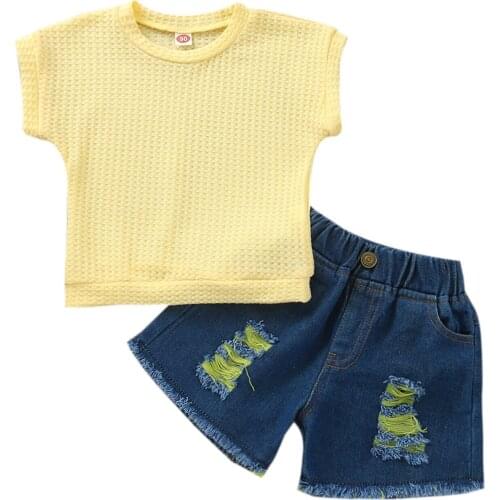 Toddler Girls 2Pcs Summer Outfits Short Sleeve Solid Color T-Shirt Denim Shorts Set
