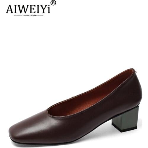AIWEIYi Square Toe Mid Heels Leather Shoes Woman Thick High Heelsleather Ol Work Shoes Comfortable Soft Sole Shallow Shoes
