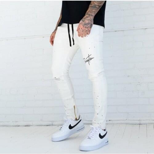 White Ripped Jeans Men Skinny Casual Stretch Denim Pencil Pants Zipper Embroider Letters HOLE Vintage Harajuku Jogger Trousers