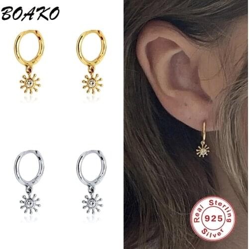 BOAKO Fashion Light Temperament Small Sun Round Zircon Hoop Earrings for Women Real 925 Sterling Silver Punk Fine Jewelry Gift