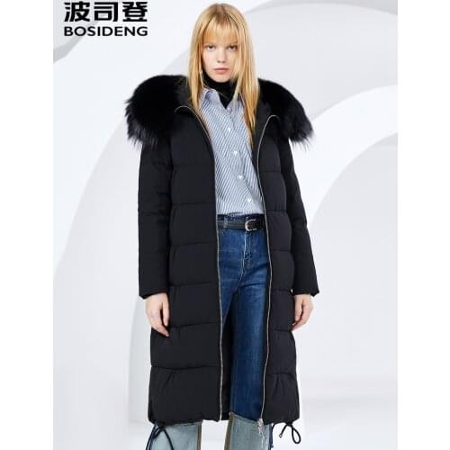 BOSIDENG Long knee length warm down jacket womens fashionable wool collar velvet coat in winter B80141166