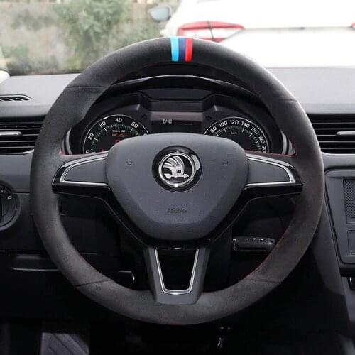 For Skoda Octavia Rapid SUPERB KamIq Fabia KAROQ Superb DIY custom black suede leather car interior steering wheel cover