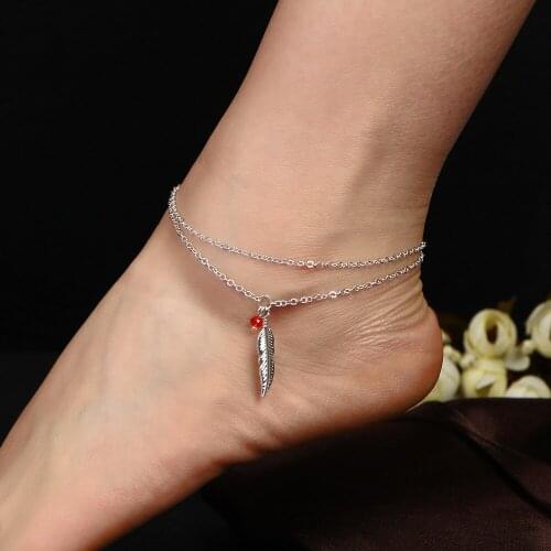 Gold Silver Color Leaf Feather Anklets For Women Barefoot Sandals Ankle Bracelets Foot Leg Jewelry Double Chain Red Beads Tassel