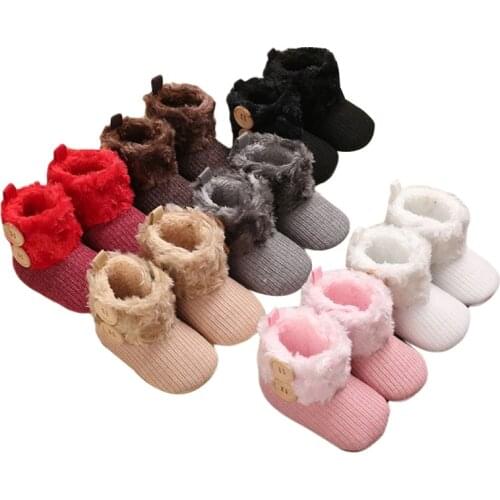 Baby Snow Boots, Winter Warm Fur Knit Booties with 2 Buttons, Soft Sole Anti-Slip Infant Boy Girl Prewalkers Shoes 7 Colors