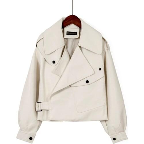 FMFSSOM 2020 Spring Women Faux Leather Jacket Biker Pure leather Coat Turndown Collar PU Motorcycle Jackets Loose Outerwear