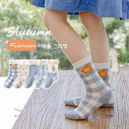 5Pairs/Lot Cotton Children Plaid Socks Autumn Winter Kids Baby Girls Soft Checkered Socks Fashion Diamond Grid Socks For 1-12yrs